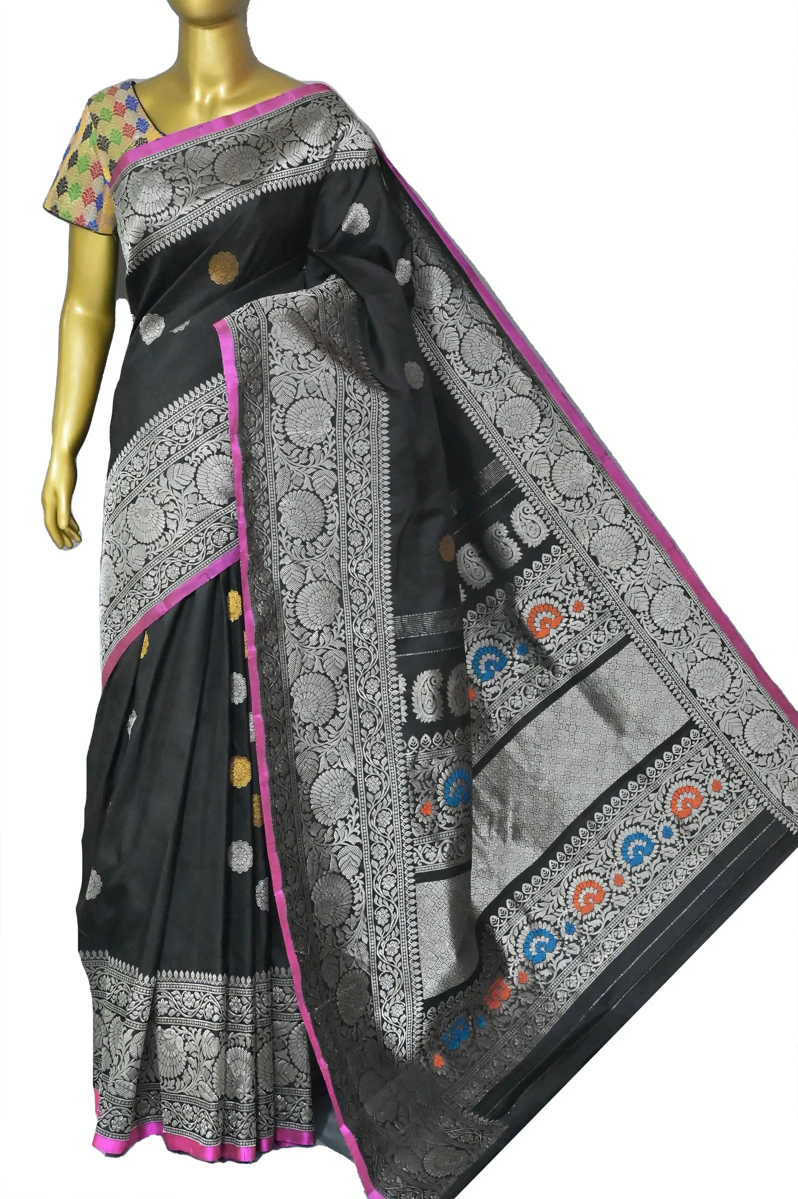 Pure Black Color Gadwal Silk Saree with Golden and Silver Zari Buti Work with Meenakari Weaving