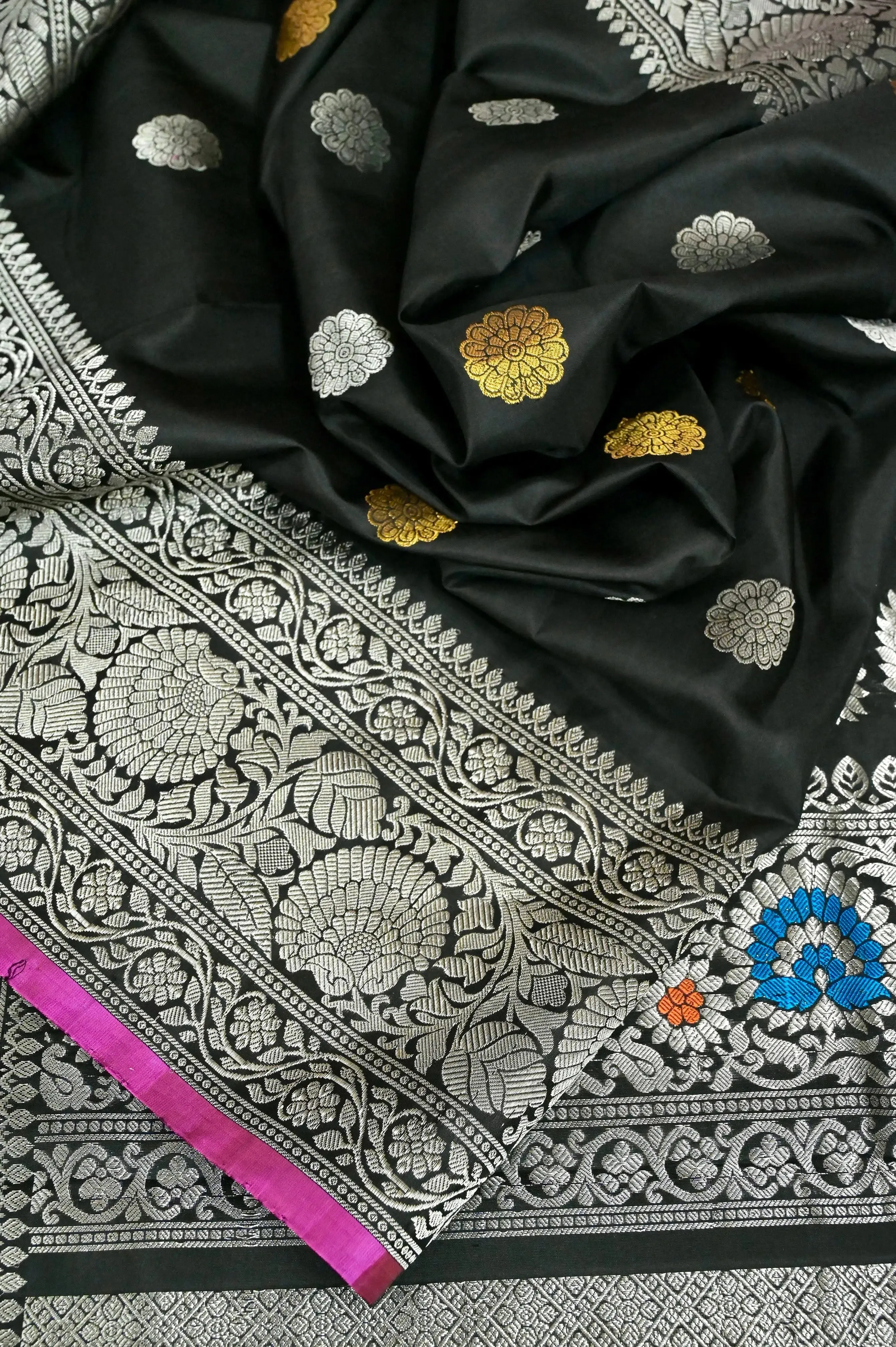 Pure Black Color Gadwal Silk Saree with Golden and Silver Zari Buti Work with Meenakari Weaving