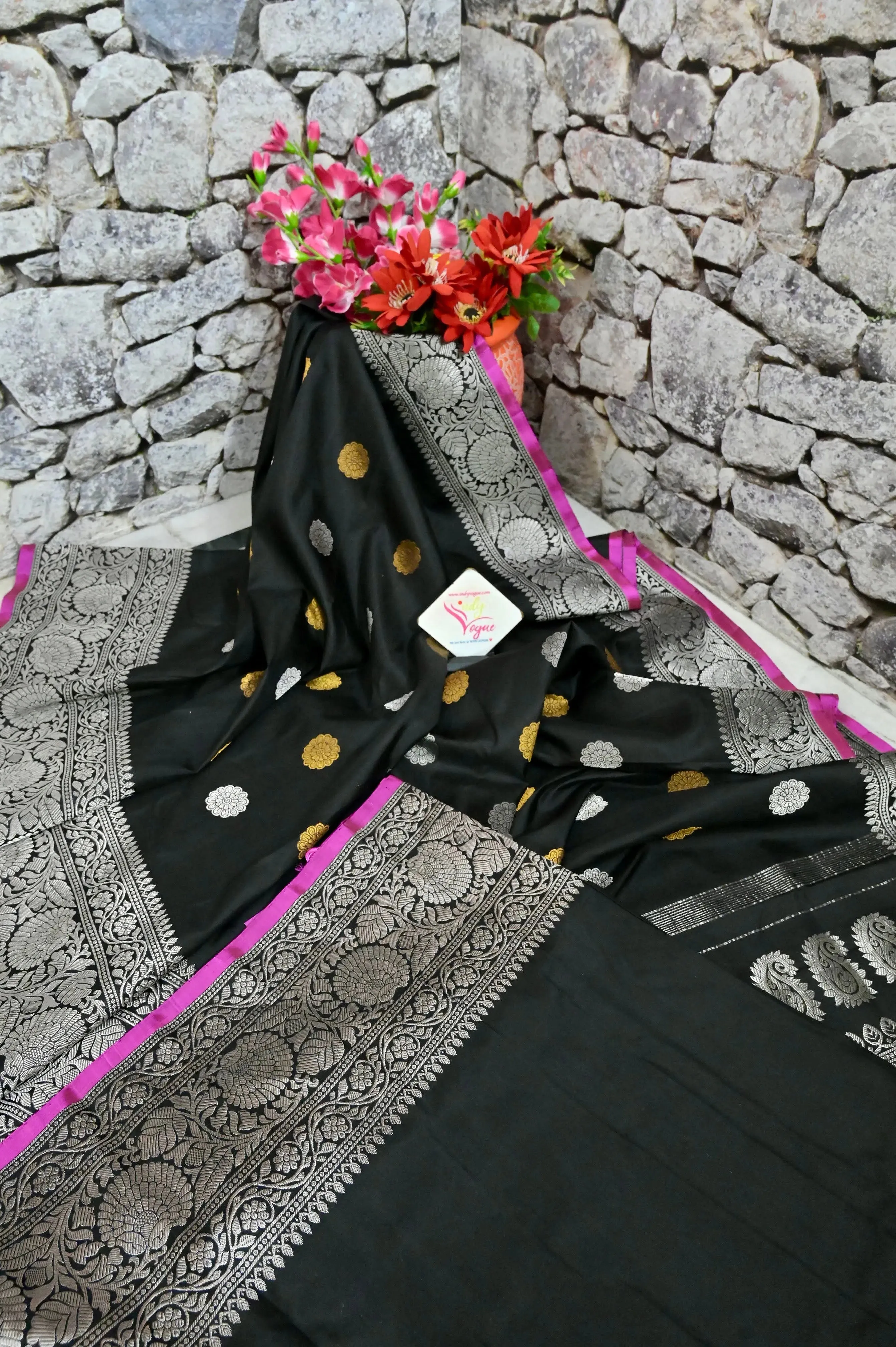 Pure Black Color Gadwal Silk Saree with Golden and Silver Zari Buti Work with Meenakari Weaving