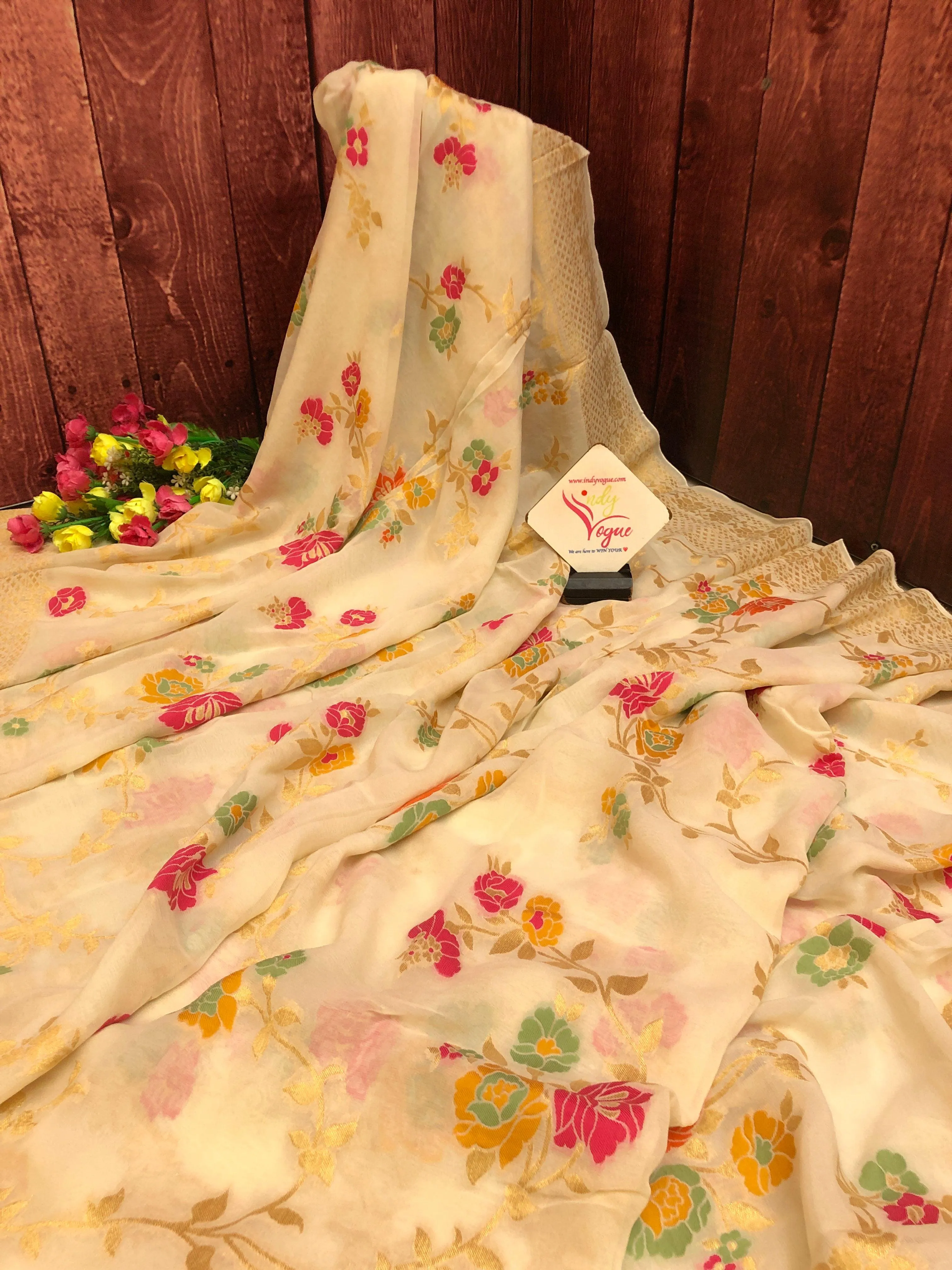 Pure Offwhite Color Khaddi Georgette Banarasi Saree with Meenakari Jaal Work Allover