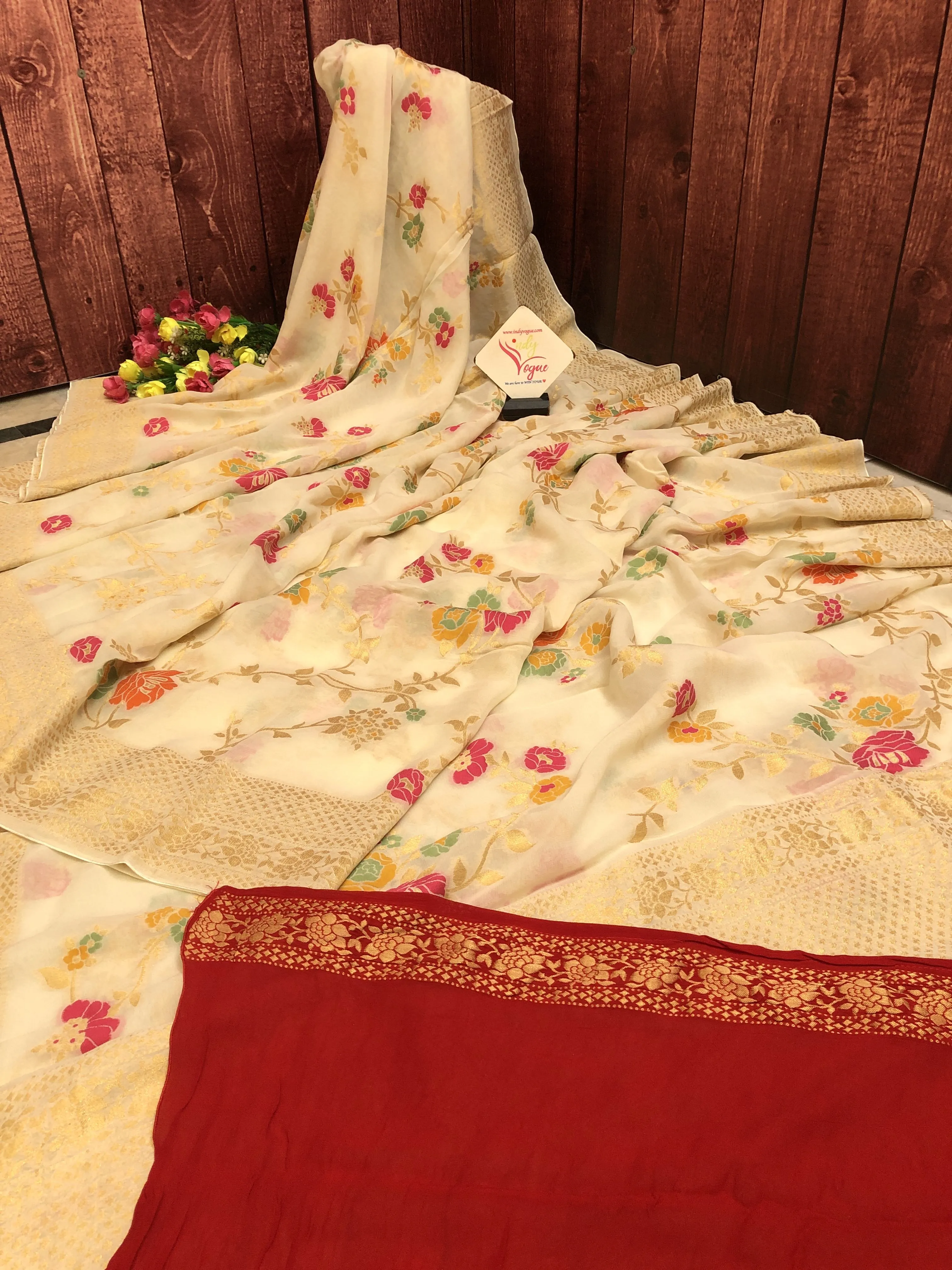 Pure Offwhite Color Khaddi Georgette Banarasi Saree with Meenakari Jaal Work Allover