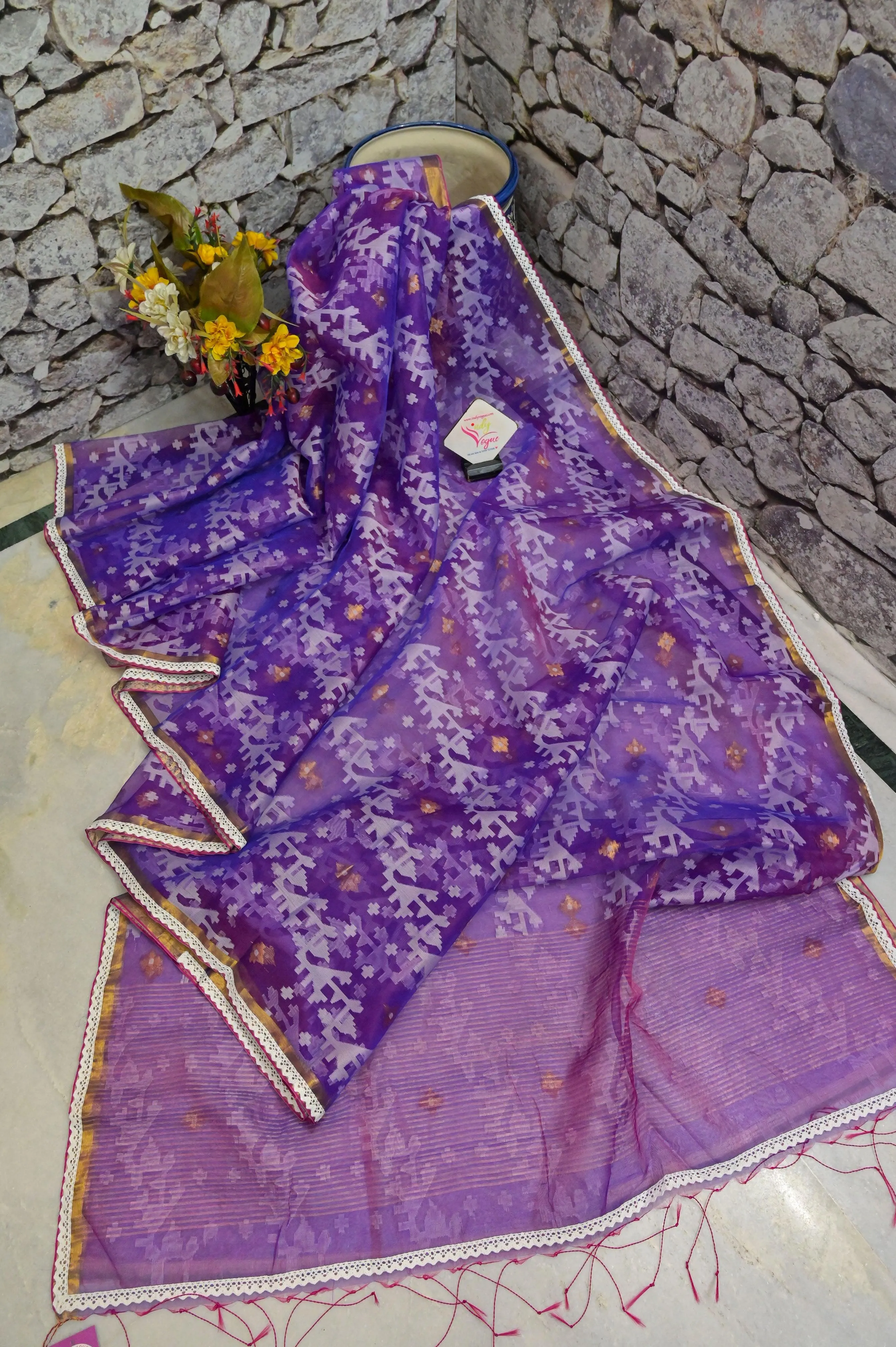 Purple Color Muslin Jamdani Saree with Zari and Lace Work