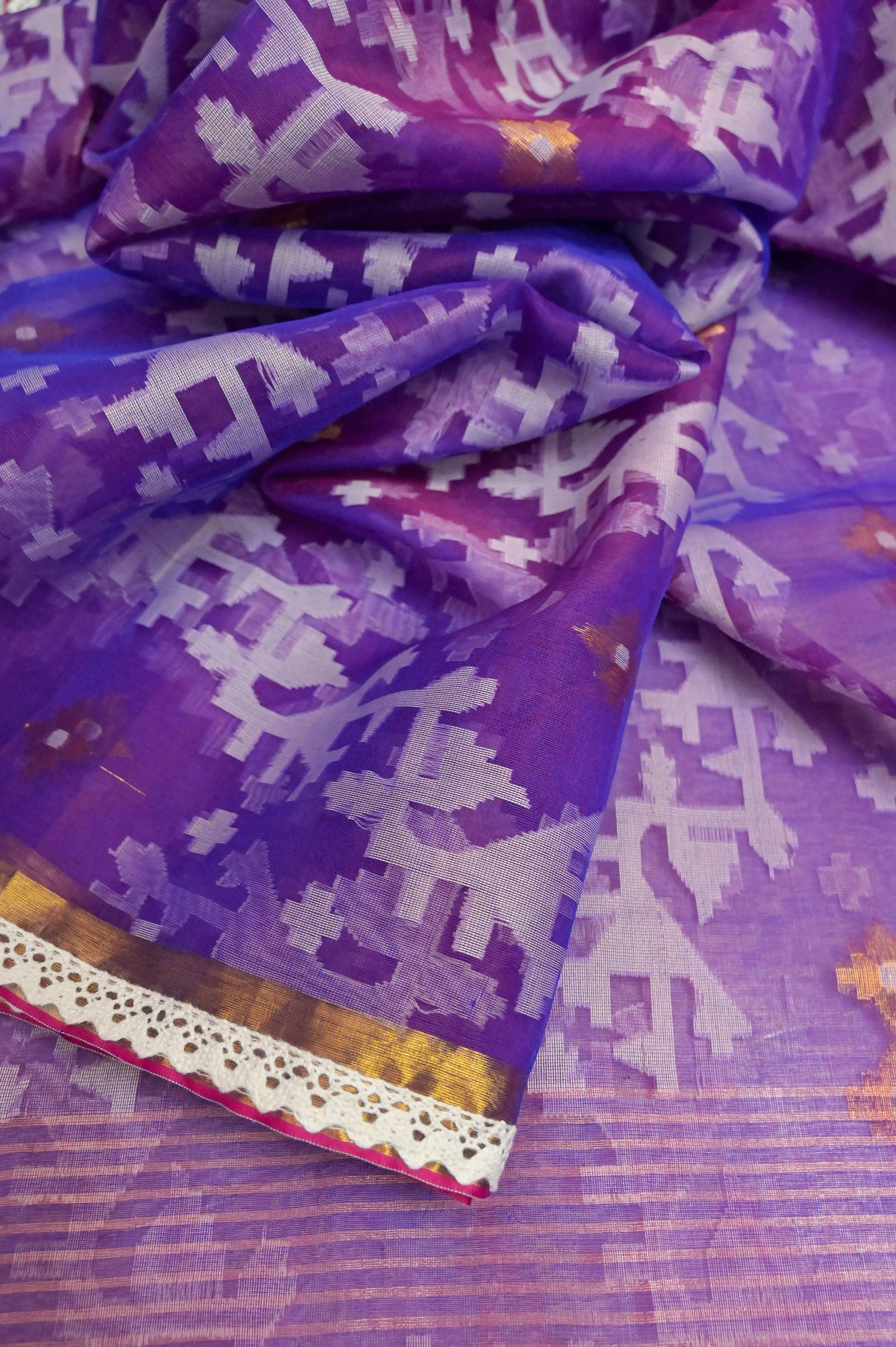 Purple Color Muslin Jamdani Saree with Zari and Lace Work