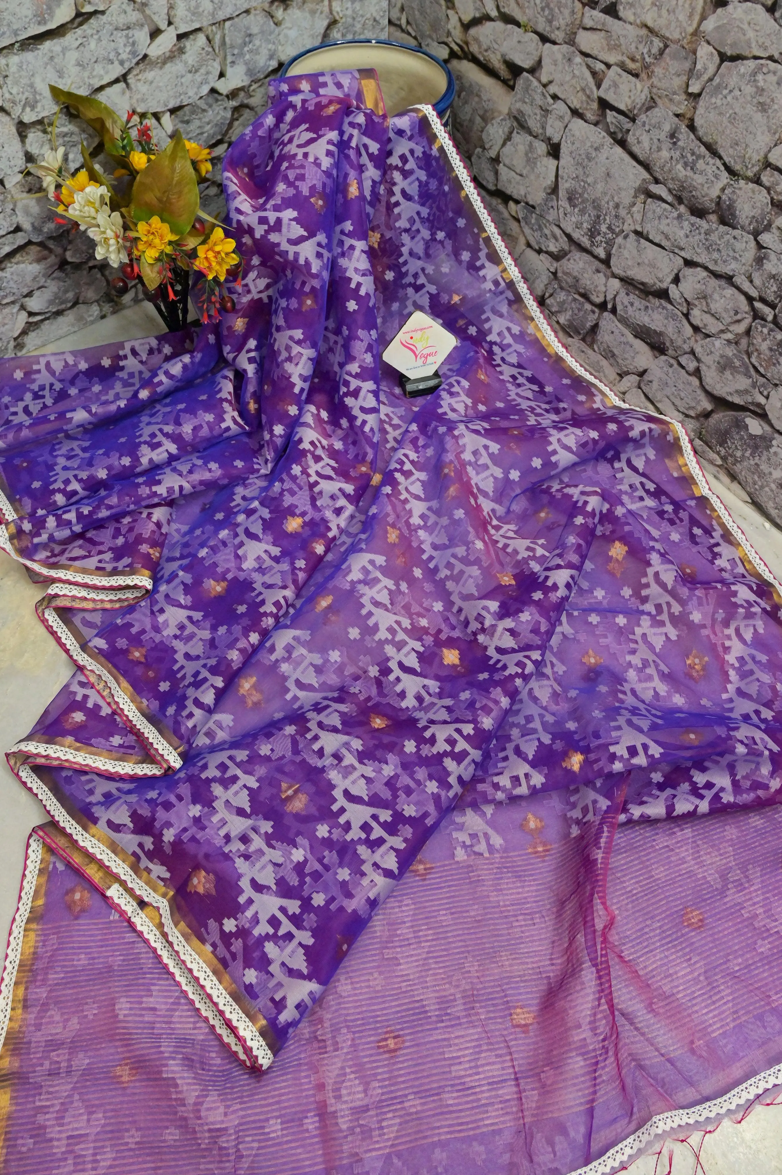 Purple Color Muslin Jamdani Saree with Zari and Lace Work