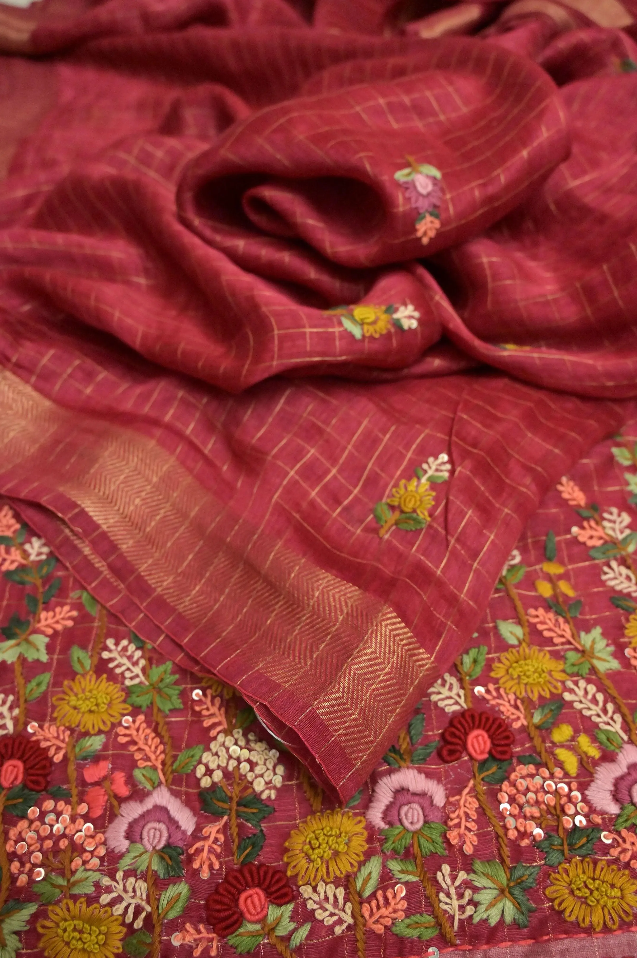 Red Color Pure Linen Silk with Zari Check and French Knot with Hand Parsi and Kantha Embroidery