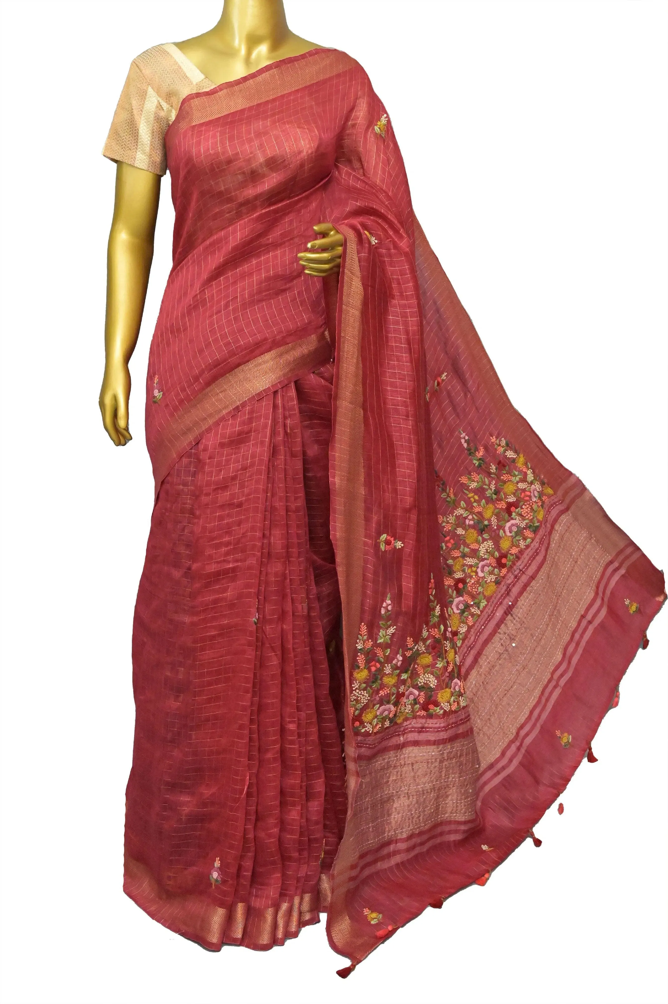 Red Color Pure Linen Silk with Zari Check and French Knot with Hand Parsi and Kantha Embroidery