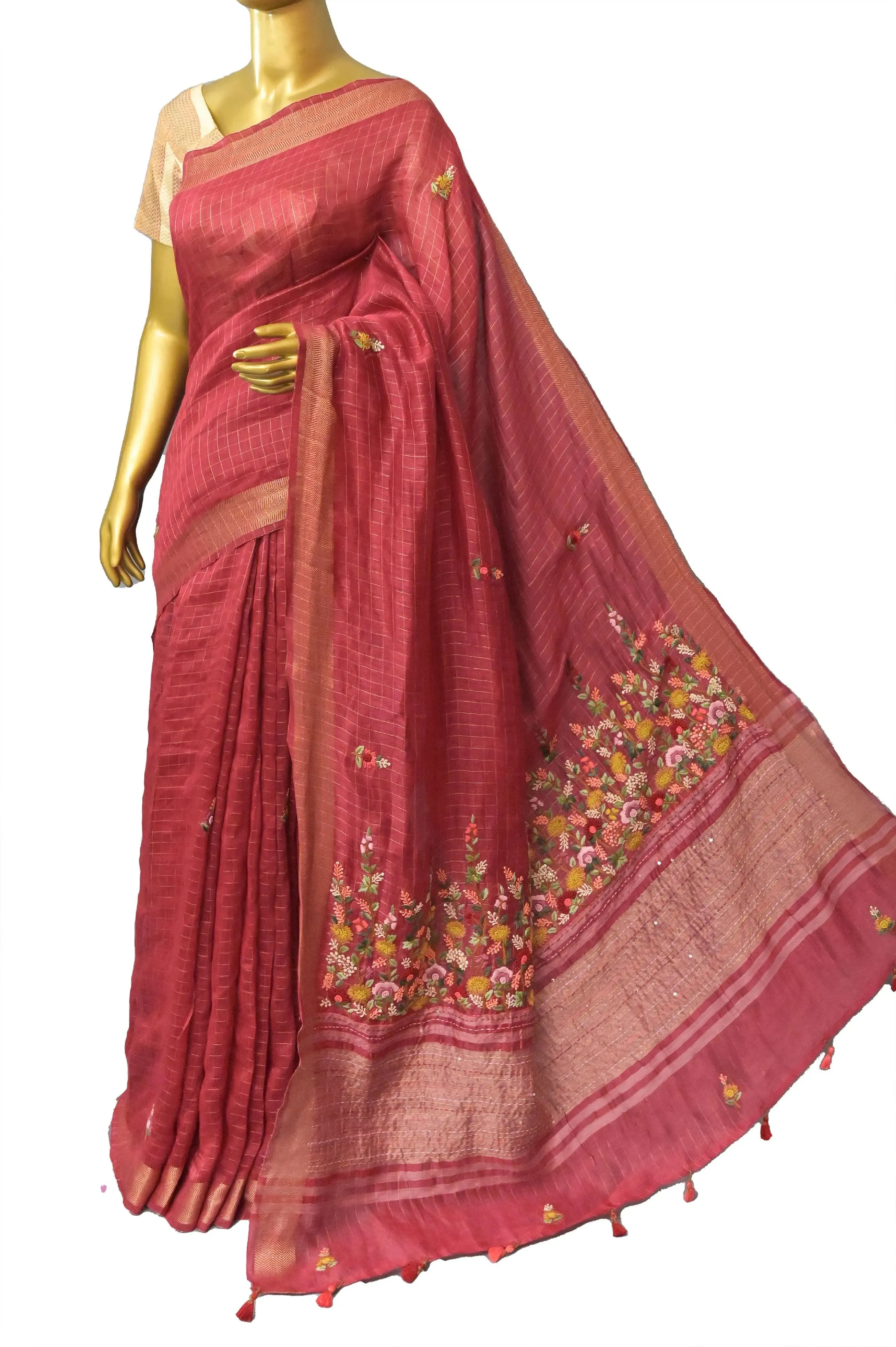 Red Color Pure Linen Silk with Zari Check and French Knot with Hand Parsi and Kantha Embroidery