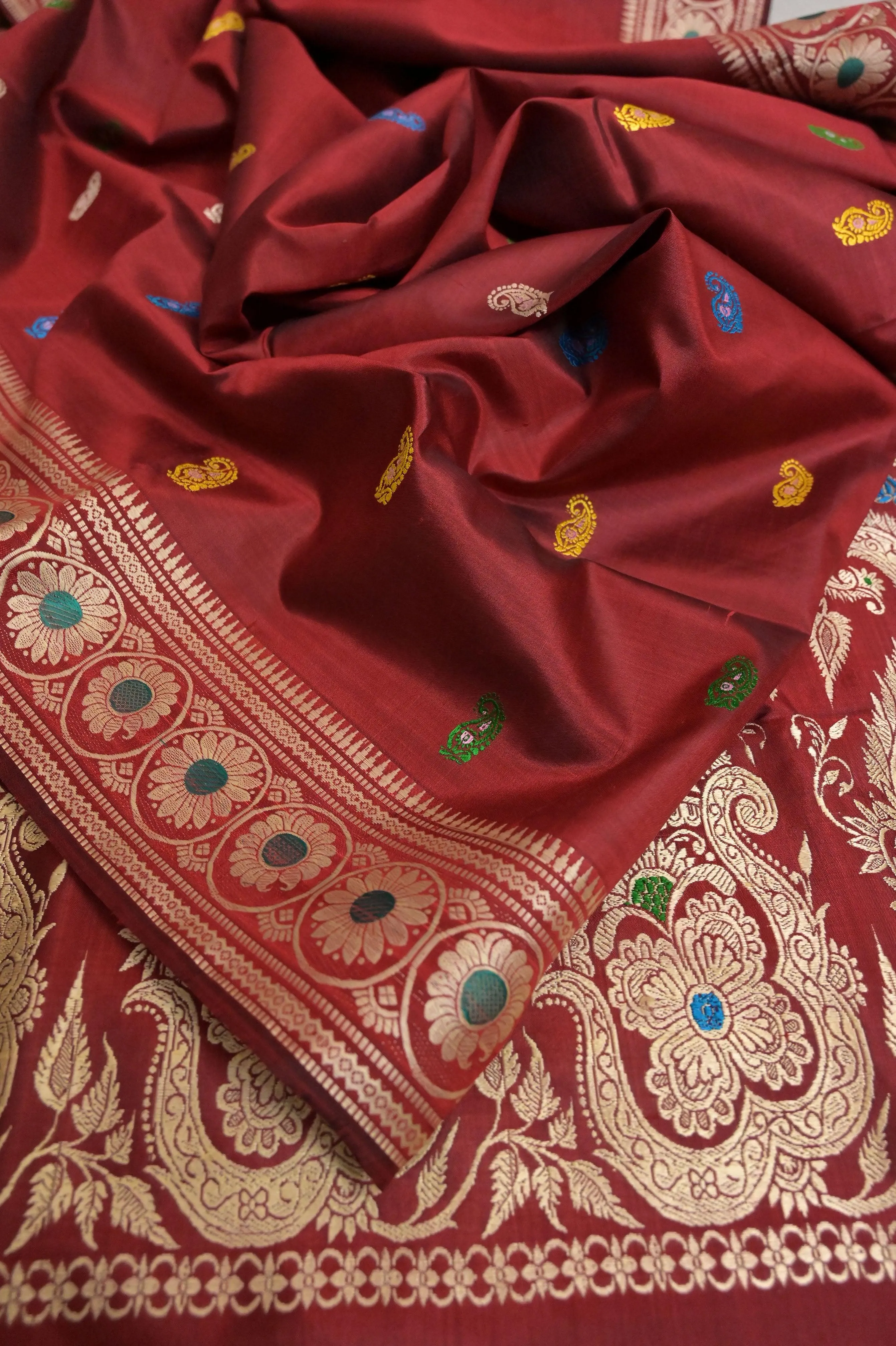 Rust Red Color Revival Golani Baluchari Silk Saree with Meenakari Work