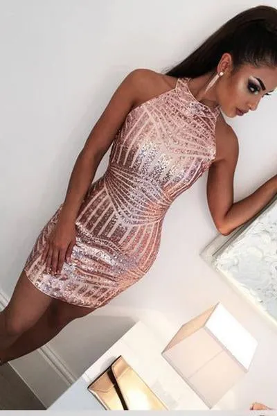 Sexy Rose Gold Jewel Sheath Mini Short Prom Dresses Homecoming Dress Cocktail Dress