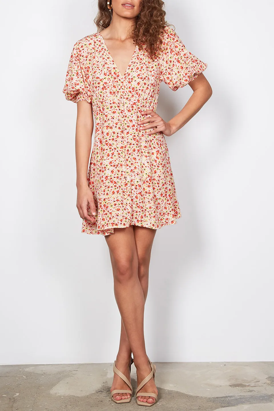 Sunray Ivory Ditsy Flower Puff Sleeve Button Front Mini Dress