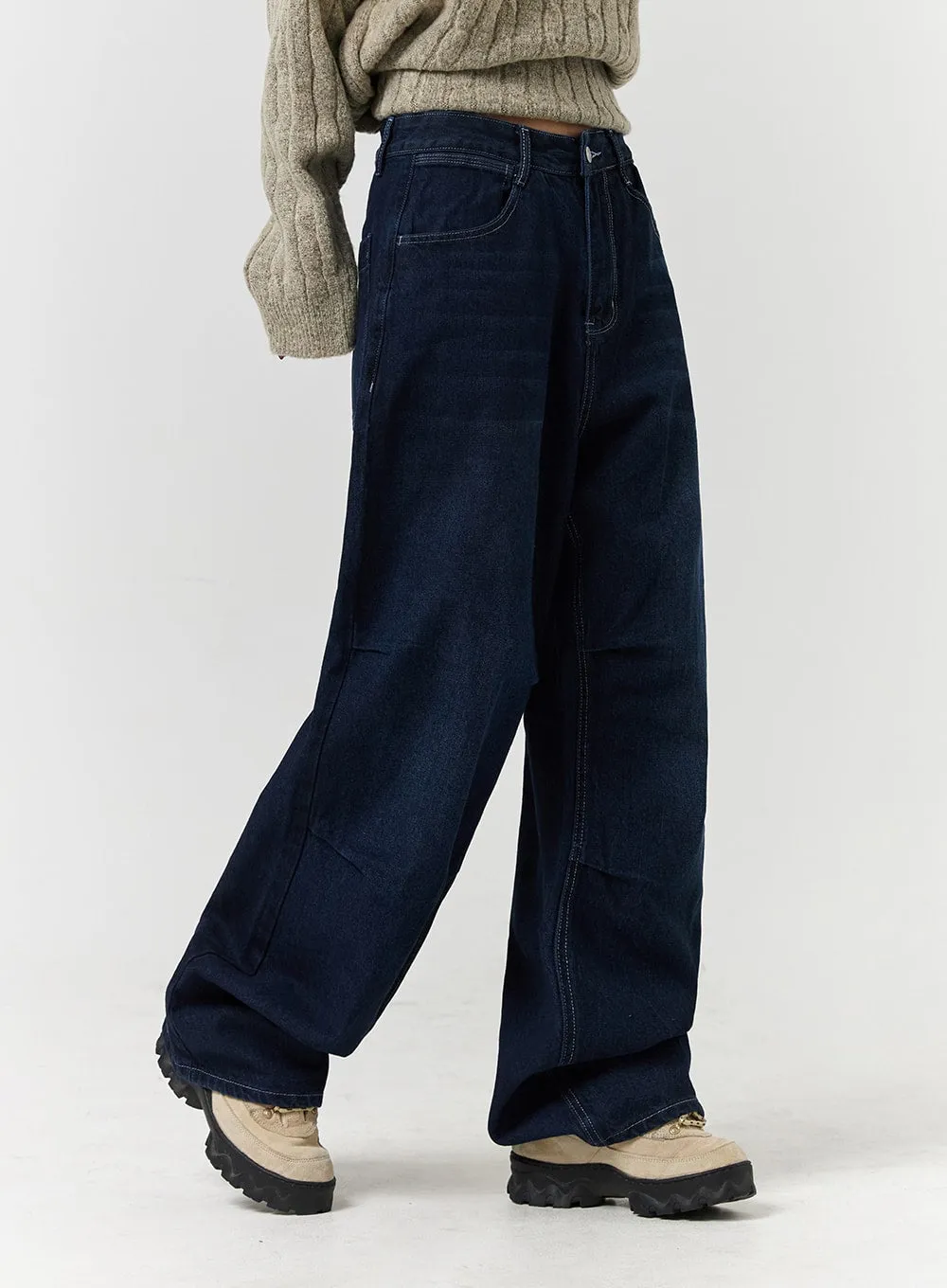 Unisex High Waist Solid Pocket Straight Leg Jeans CD328