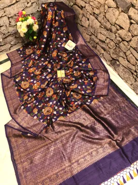 Violet and Multicolor Tussar Banarasi Saree with Kalamkari Print Work