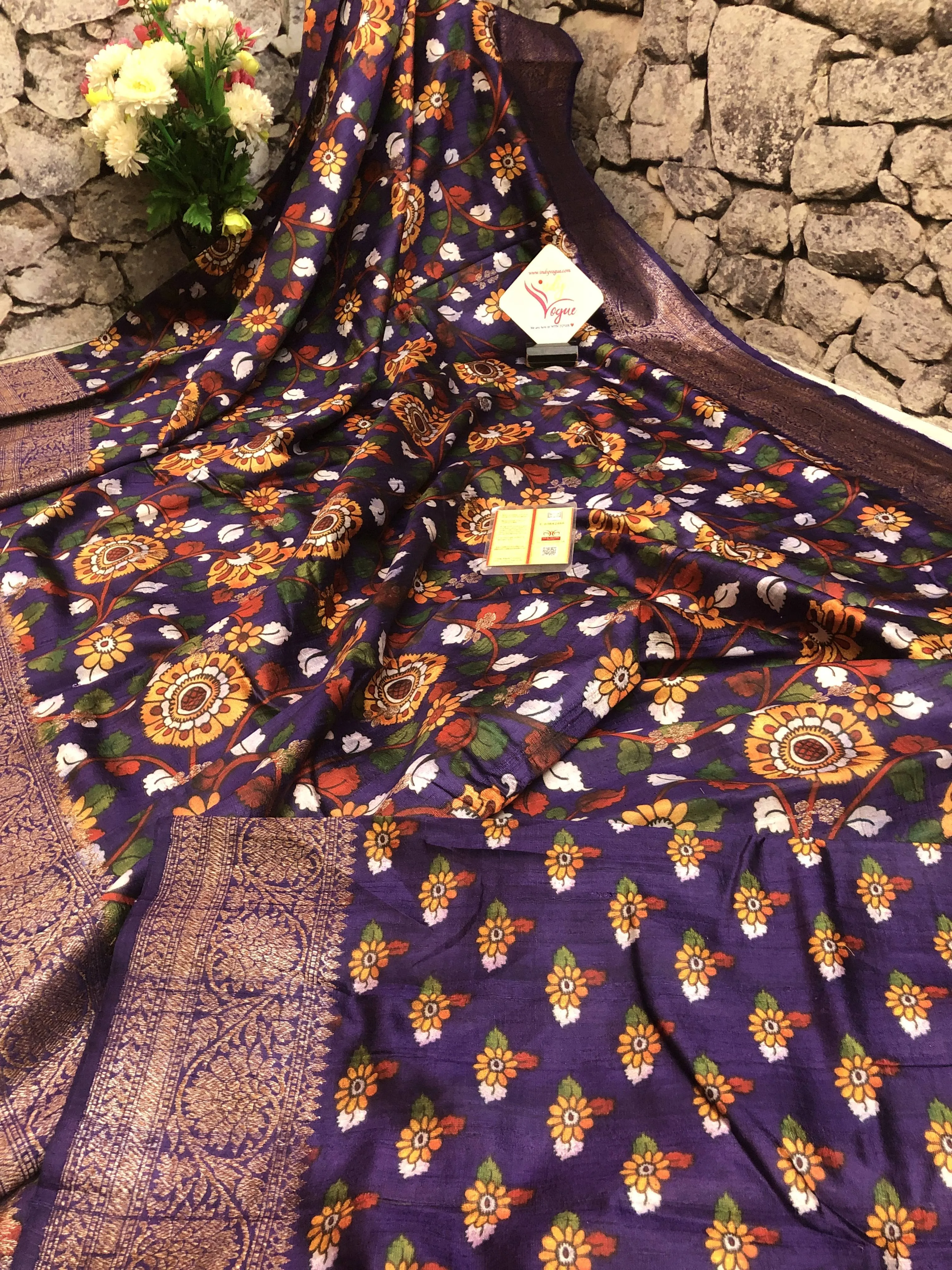 Violet and Multicolor Tussar Banarasi Saree with Kalamkari Print Work