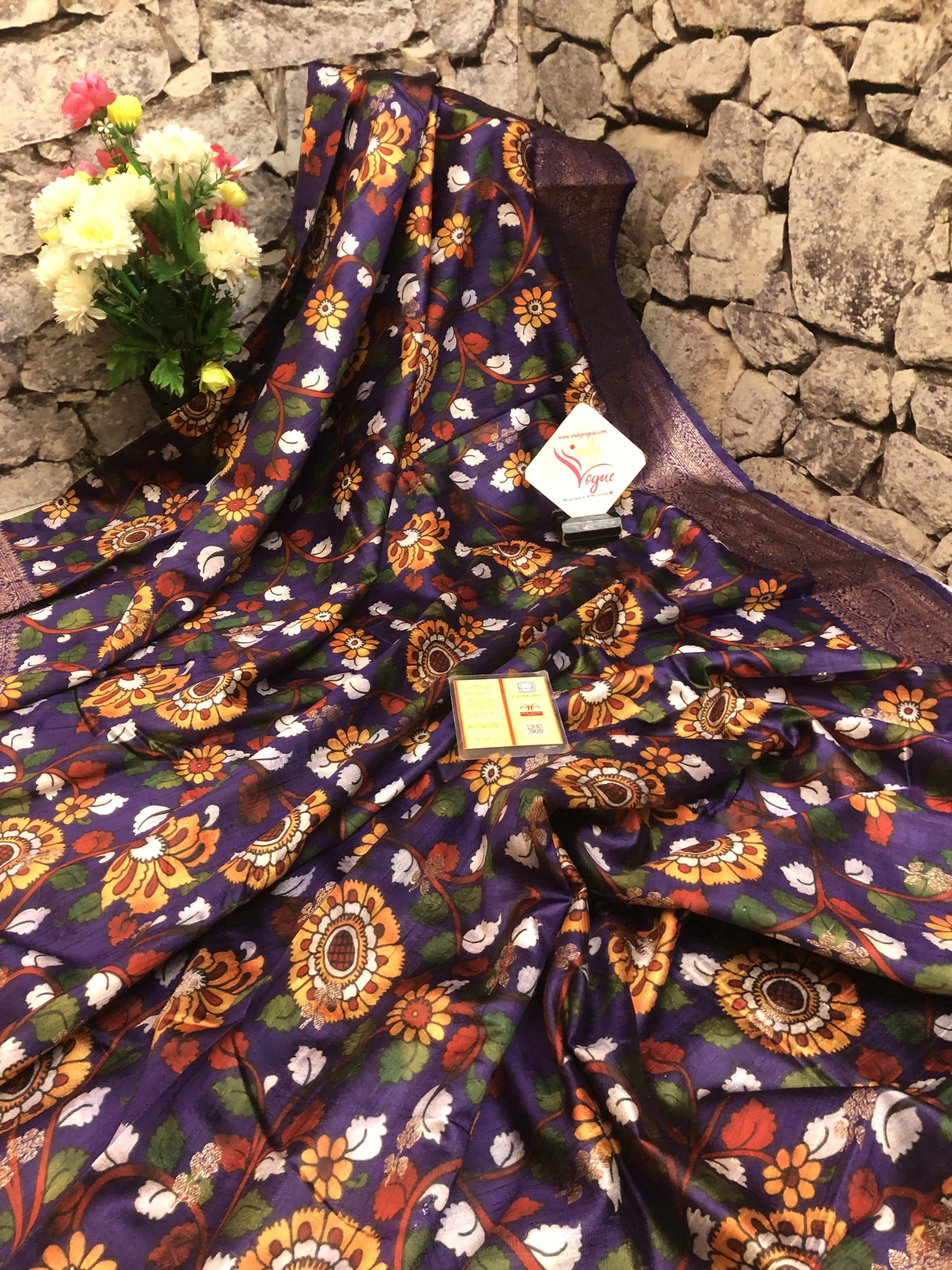 Violet and Multicolor Tussar Banarasi Saree with Kalamkari Print Work