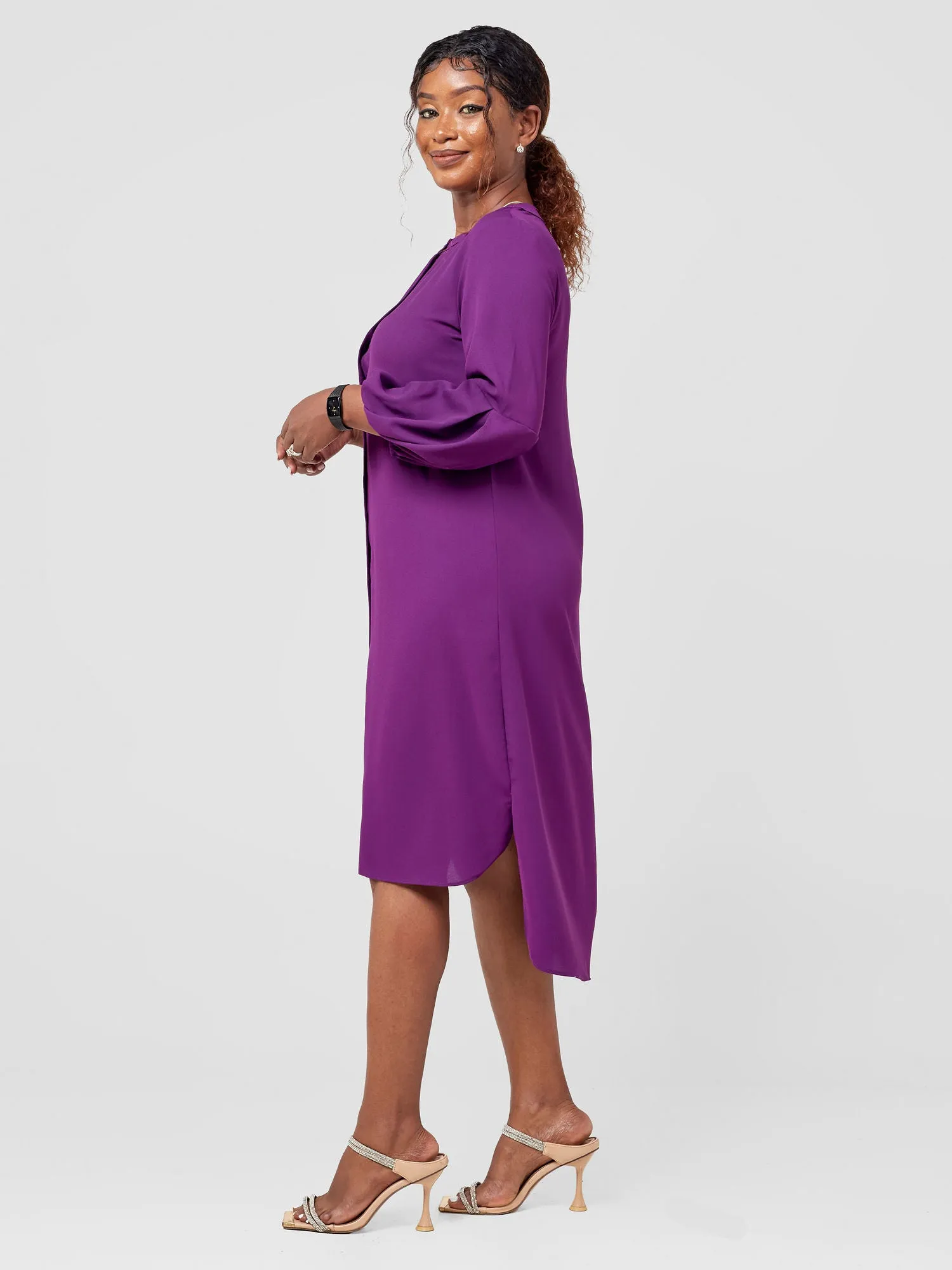 Vivo Imali Bishop Sleeve High Low Knee Length Dress - Dark Purple