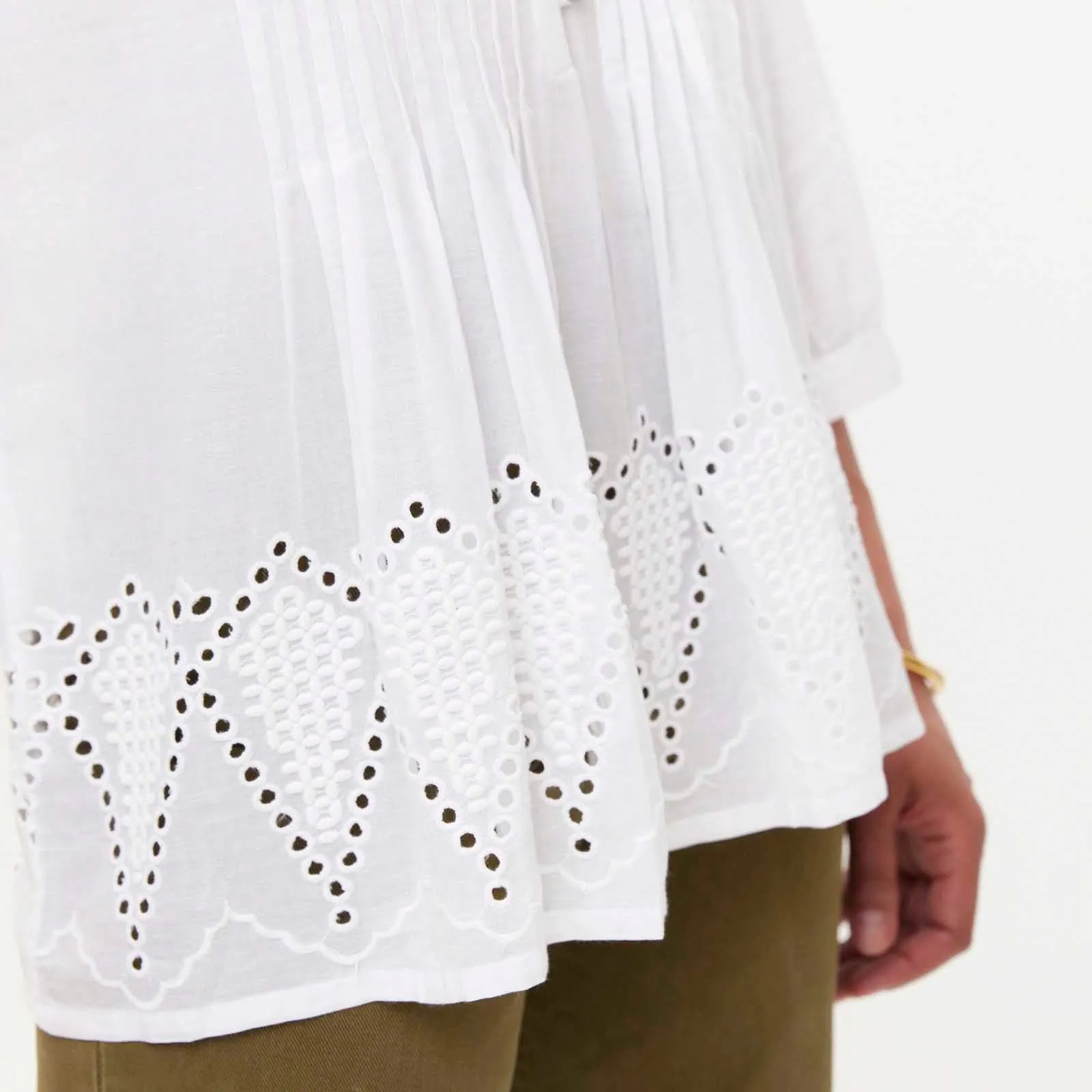 White Pintuck Tunic with Eyelet Hem