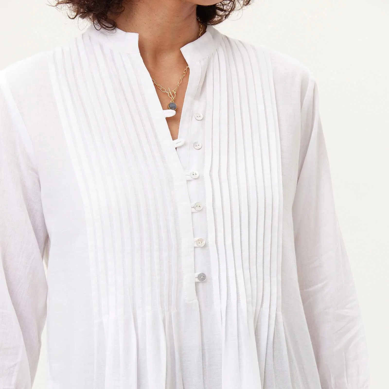 White Pintuck Tunic with Eyelet Hem