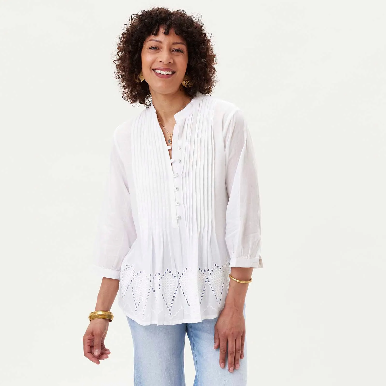 White Pintuck Tunic with Eyelet Hem