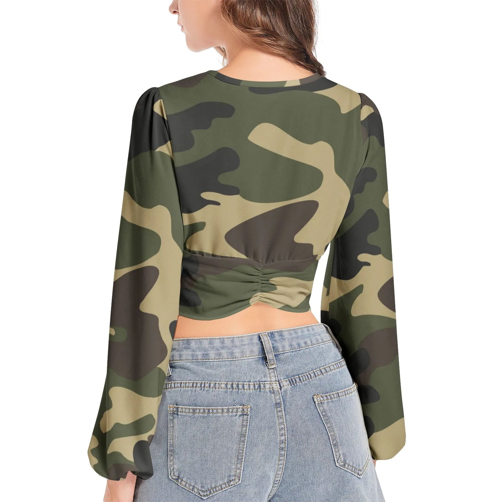 Woodland Camo Women's Deep V-Neck Lantern Sleeve Crop Top