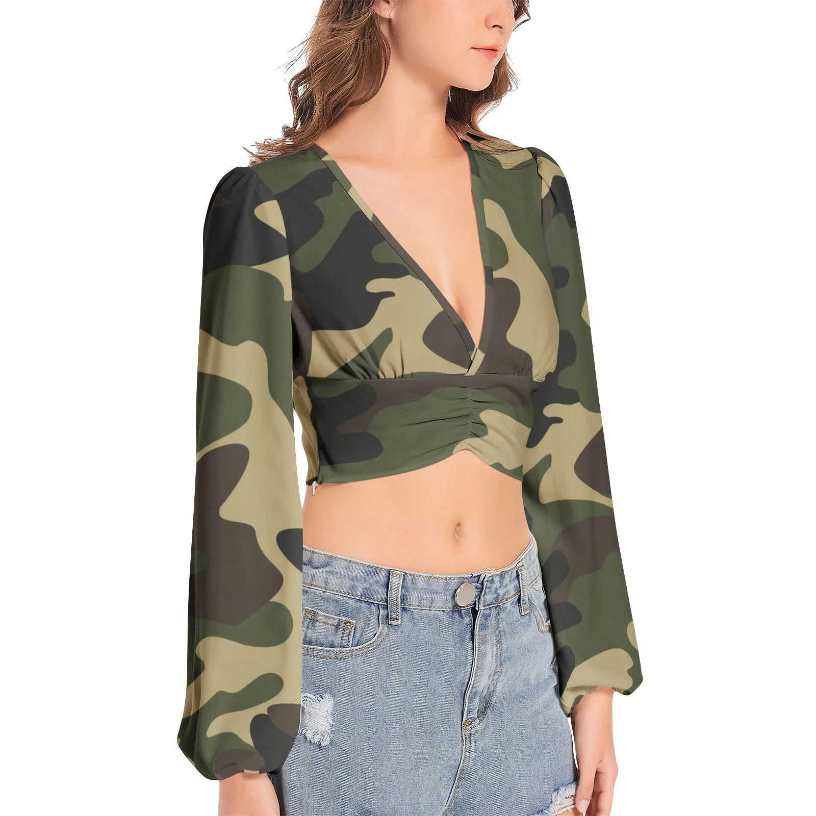 Woodland Camo Women's Deep V-Neck Lantern Sleeve Crop Top