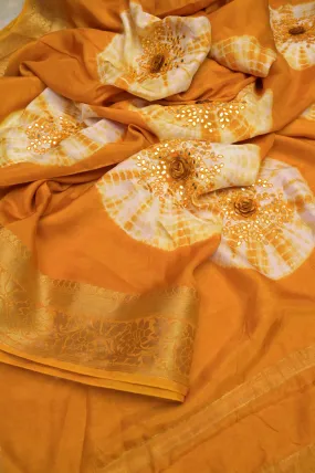 Yellow Color Chinon Silk Banarasi Saree with Shibori Dye and Hand Mirror Work