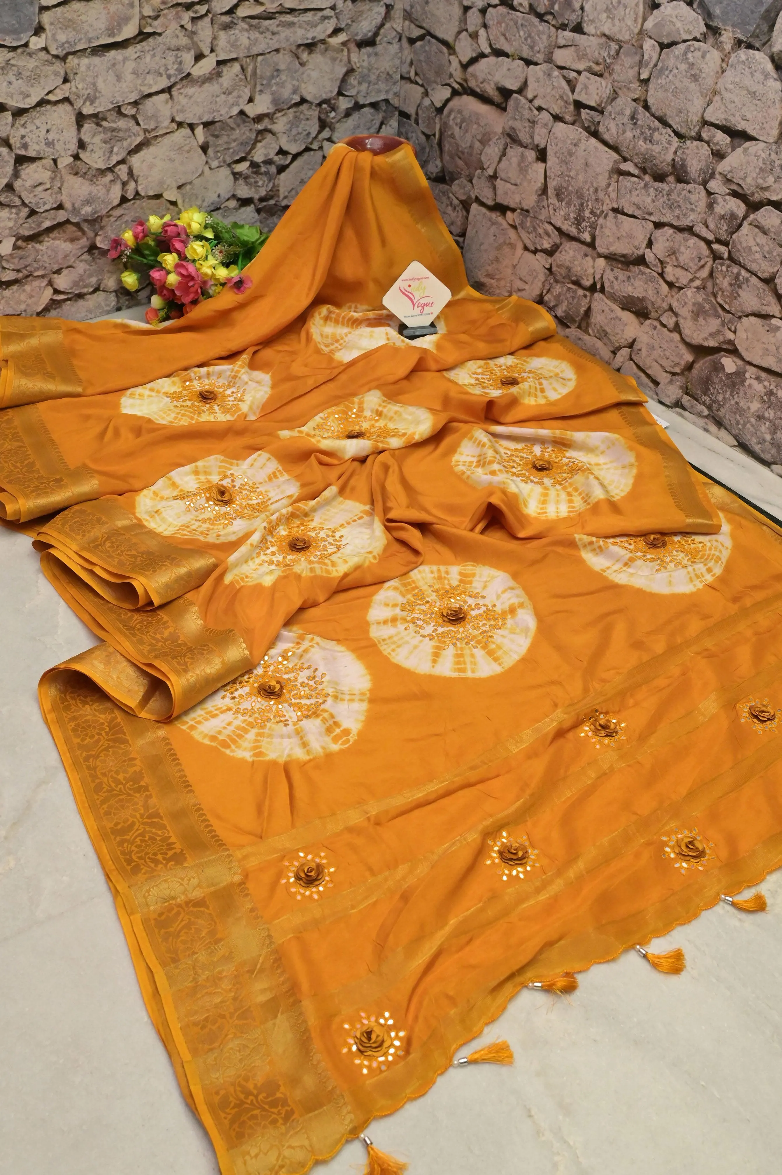 Yellow Color Chinon Silk Banarasi Saree with Shibori Dye and Hand Mirror Work